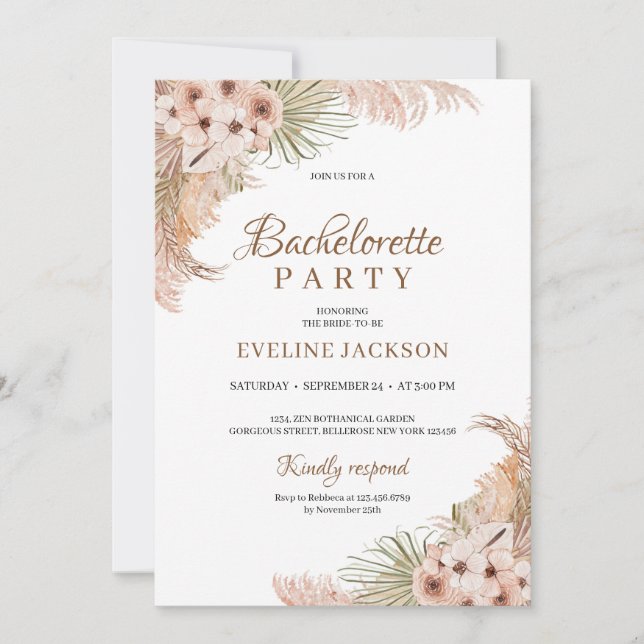 Invitación Palm Seca Pampas Grasa Orquídea Bachelorette (Anverso)