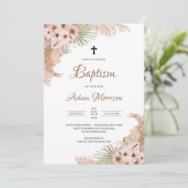 Invitación Palm Seca Pampas Grasa Rubor Baptismo orquídea (Anverso de pie)