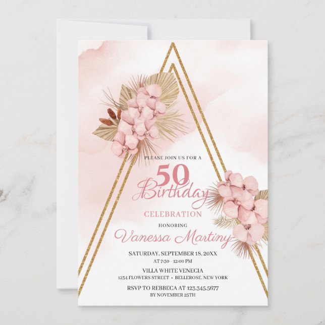 Invitación Palm seca rosada de Rubor deja 50 cumpleaños (Anverso)
