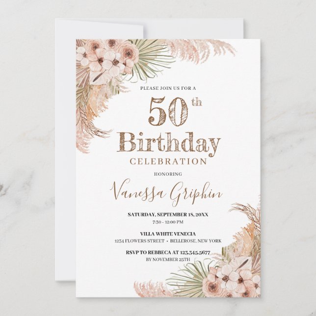 Invitación Palm Seca Sale de Pampas Grass 50 cumpleaños (Anverso)