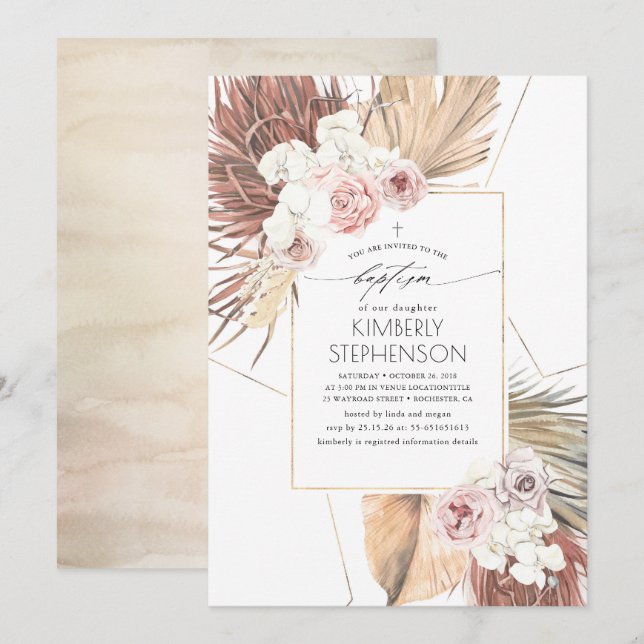 Invitación Palm Seca Tropical Sale Bautismo Foliage (Anverso / Reverso)