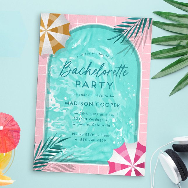 Invitación Palm Springs Bachelorette Pool Fiesta Rosa (Palm Springs bachelorette pool party invitation template)