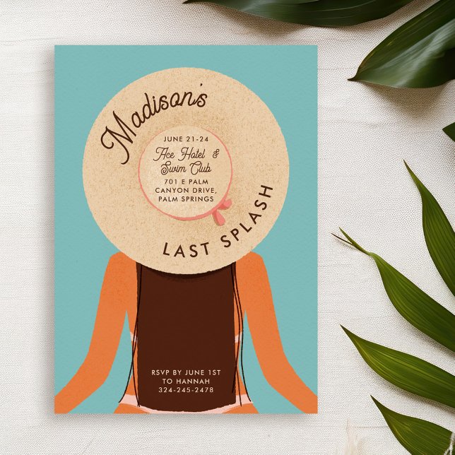 Invitación Palm Springs - Brunette Bachelorette Pool Fiesta (brunette hair & tan skin girl wearing a beach hat. bachelorette pool party invitationblack hair an)