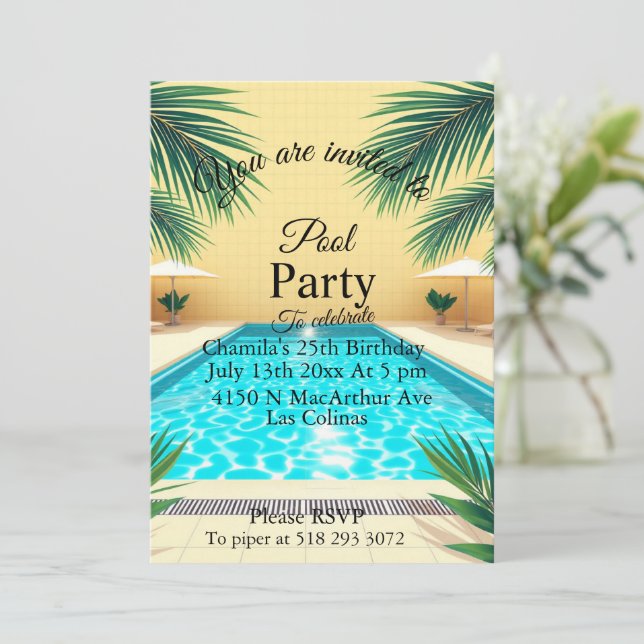 Invitación Palm Springs Fiesta de Cumpleaños Rosa en la Pisci (Anverso de pie)