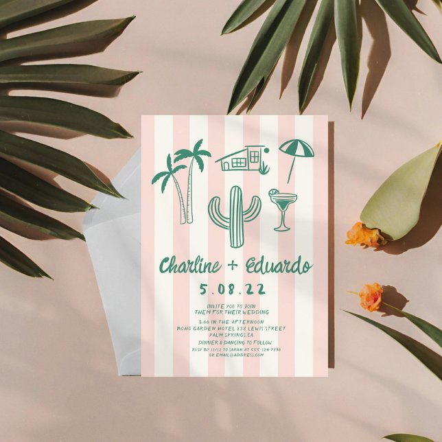 Invitación Palm Springs Green Boda dibujado a mano rosada (Subido por el creador)