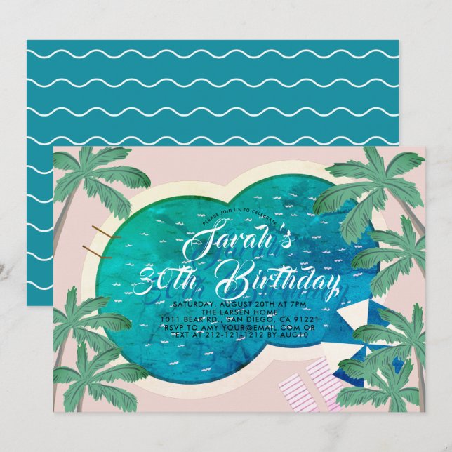 Invitación Palm Springs Pool Fiesta Adulto Rosa Cumpleaños (Anverso / Reverso)
