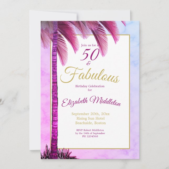 Invitación Palm Tree 50 y fabuloso morado moderno cumpleaños (Anverso)