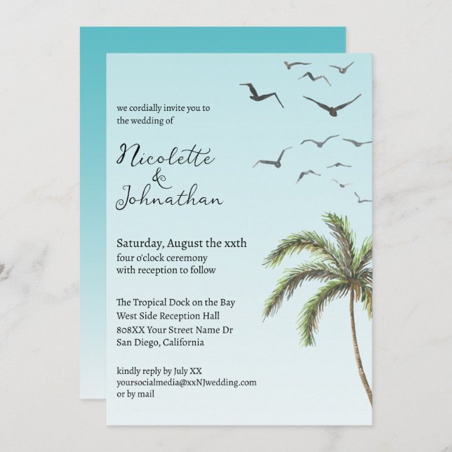 Invitación Palm Tree and Birds Simple Beach Wedding (Anverso / Reverso)