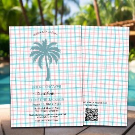 Invitación Palm Tree Azure Pink Checkered QR Code Bridal