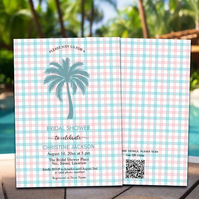 Invitación Palm Tree Azure Pink Checkered QR Code Bridal (Subido por el creador)