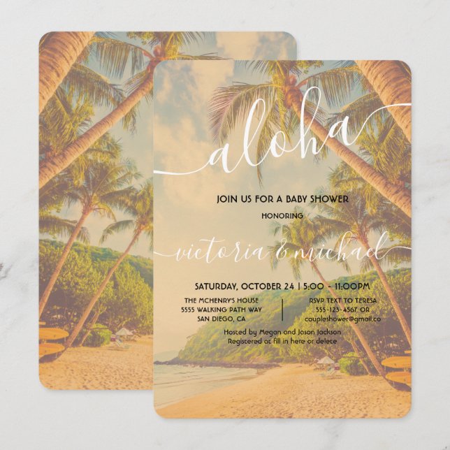 Invitación Palm Tree Beach Aloha Baby Shower (Anverso / Reverso)