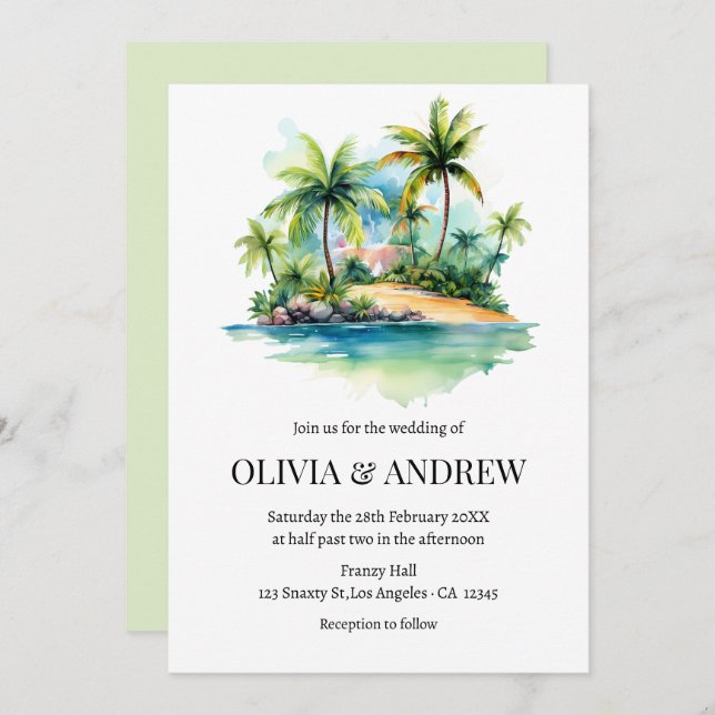 Invitación Palm Tree Beach Tropical Island Boda (Anverso / Reverso)