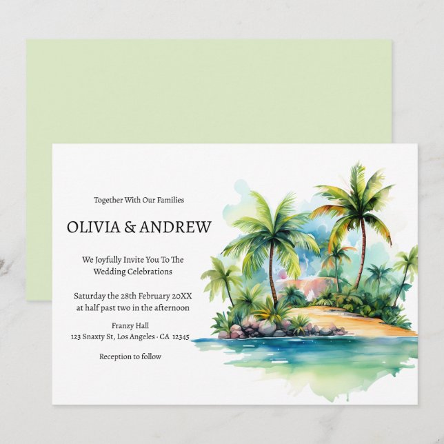Invitación Palm Tree Beach Tropical Island Boda (Anverso / Reverso)