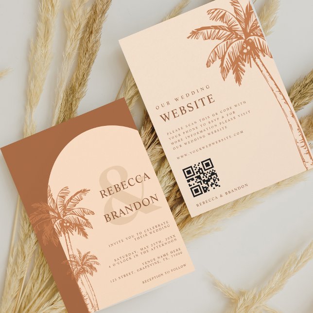Invitación Palm Tree Boho Beach Terracotta QR Code Boda (Subido por el creador)