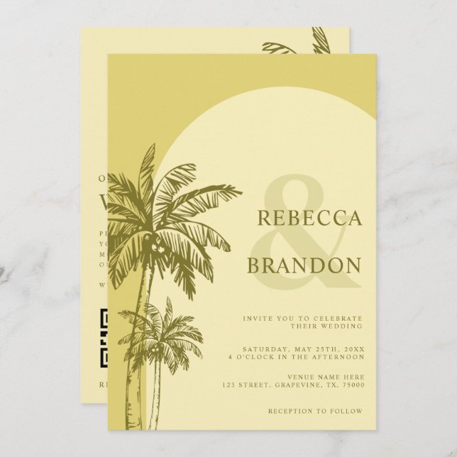 Invitación Palm Tree Boho Beach Yellow QR Code Wedding (Anverso / Reverso)