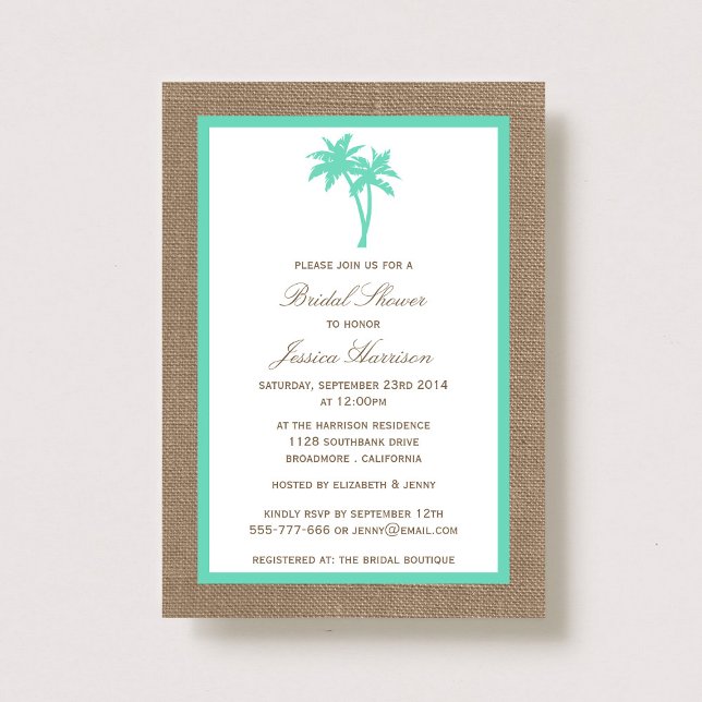 Invitación Palm Tree Burlap Beach Bridal Shower (Subido por el creador)