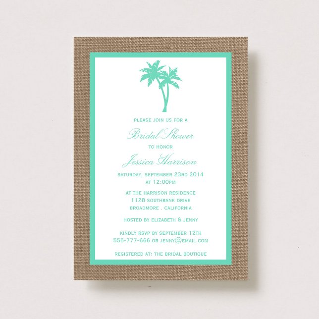 Invitación Palm Tree Burlap Beach Bridal Shower (Subido por el creador)