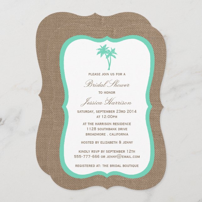 Invitación Palm Tree Burlap Beach Bridal Shower (Anverso / Reverso)