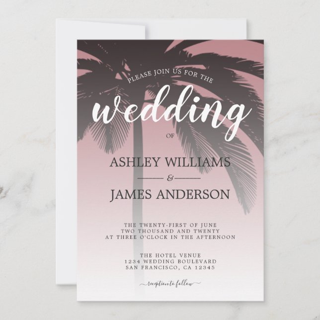 Invitación Palm Tree Dusty Rosa Beach Wedding (Anverso)