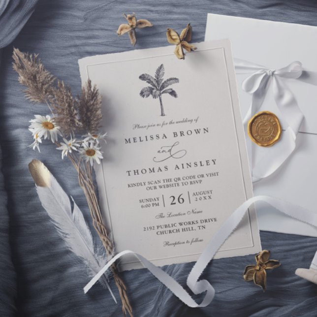 Invitación Palm Tree Minimalist Destination QR Code Wedding (Subido por el creador)