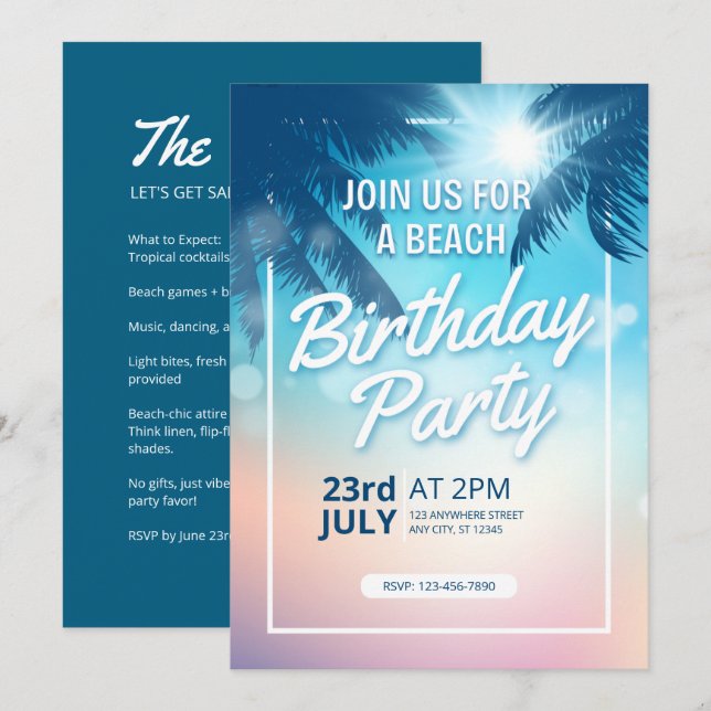 Invitación Palm Tree Sunset Adults Beach Cumpleaños (Anverso / Reverso)