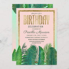 Invitación Palm Tree Tropical Banana Leaf Gold Cumpleaños