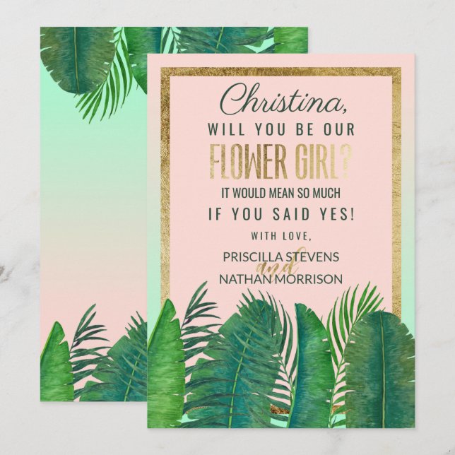Invitación Palm Tree Tropical Banana Leaf Gold Flower Girl (Anverso / Reverso)