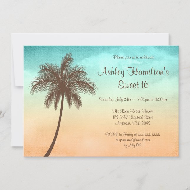 Invitación Palm Tree Tropical Beach Sweet 16 (Anverso)