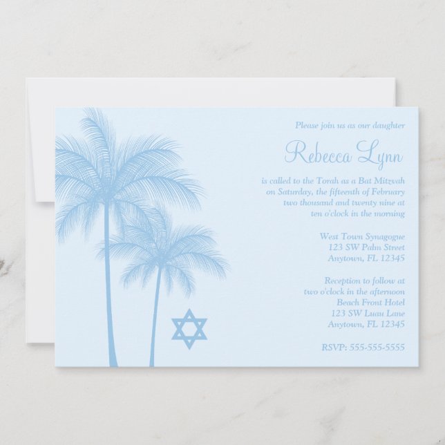 Invitación Palm Tree Tropical Blue Light Bat Mitzvah (Anverso)