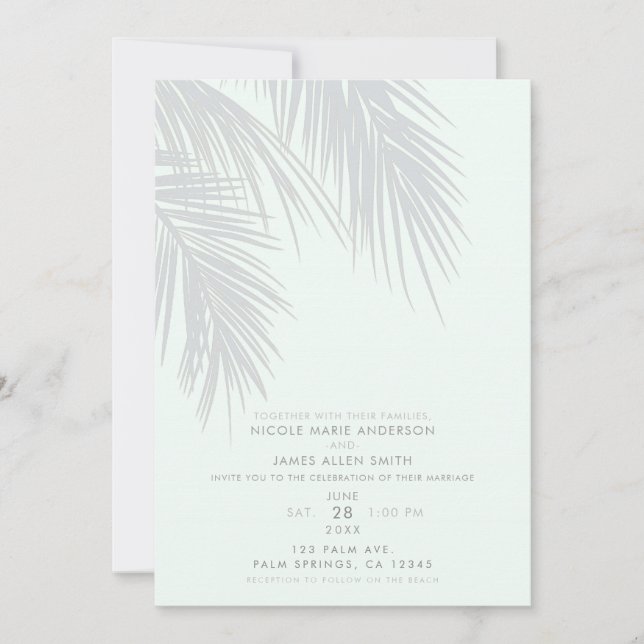 Invitación Palm Tree tropical elegante blanca deja Boda (Anverso)