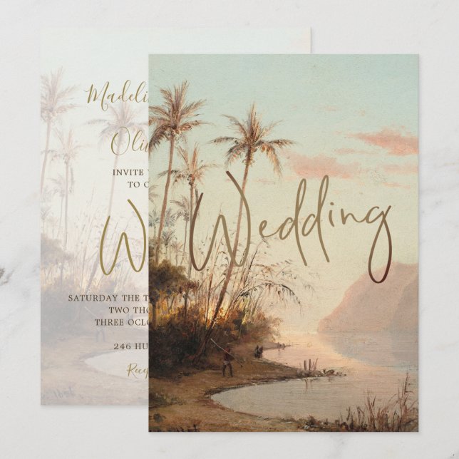 Invitación Palm Tree Tropical Elegante Boda de oro de época I (Anverso / Reverso)