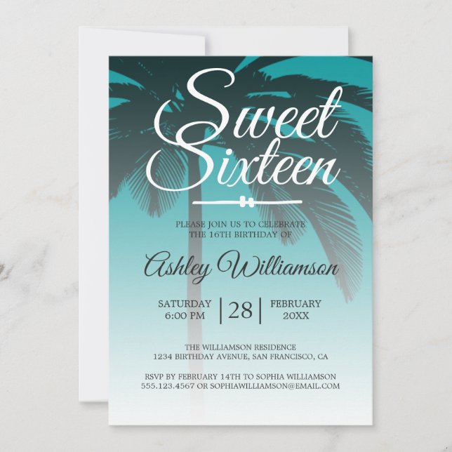 Invitación Palm Tree Tropical Green Sweet 16 16th Birthday (Anverso)