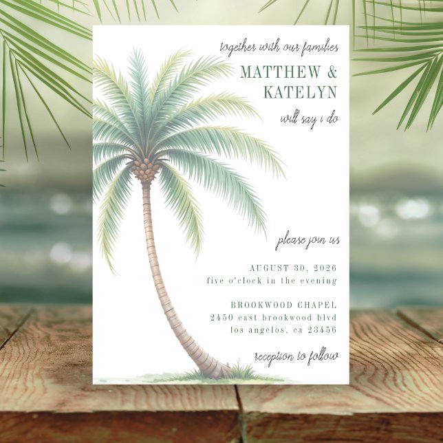 Invitación Palm Tree Tropical Island Watercolor Green Boda (Palm Tree Island Destination Wedding Invitation)