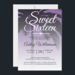 Invitación Palm Tree Tropical Morple Sweet 16 16th Birthday<br><div class="desc">Moda moderna de diseño púrpura tropical oscuro Invitación dulce de 16 años con un fondo de palmera. El violeta claro desaparece en un fondo blanco. El texto "Sweet Sixteen" (Dieciséis Dulces) en blanco está definido en un guión moderno. Elegante invitación a la fiesta de cumpleaños número 16 para un glamuroso...</div>