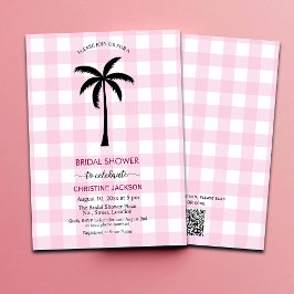 Invitación Palm Tree White Pink Checkered QR Code Brigada