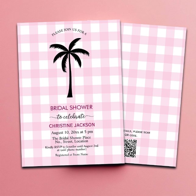 Invitación Palm Tree White Pink Checkered QR Code Brigada (Subido por el creador)