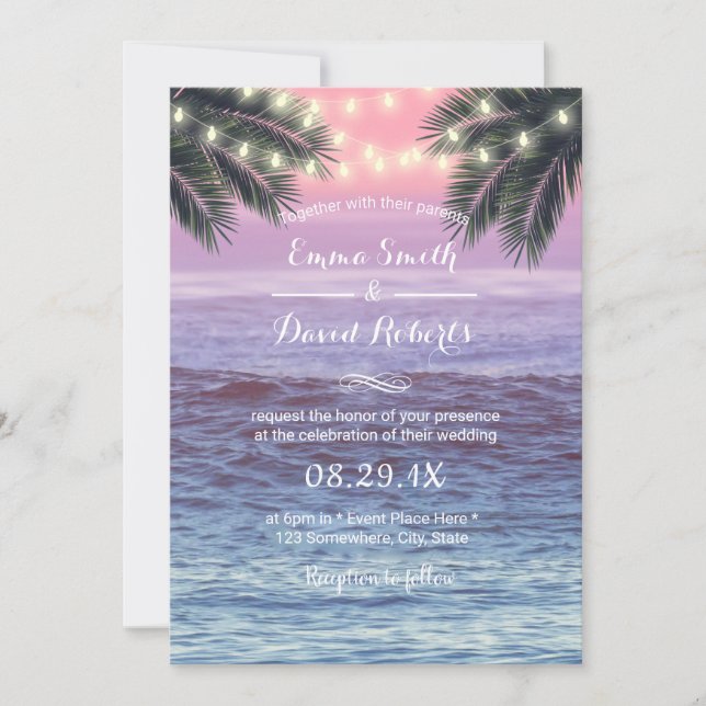 Invitación Palm Tree y String Lights Tropical Beach Wedding (Anverso)
