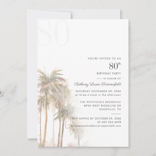 Invitación Palm Trees 80th Birthday Party Watercolor (Anverso)