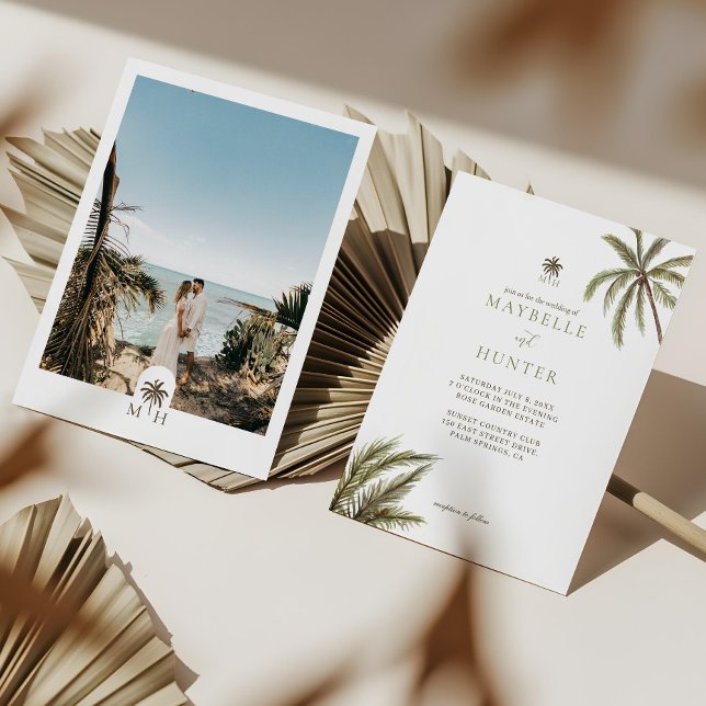 Invitación Palm Trees acuarelas tropicales Foto Boda Boho (Tropical Watercolor Palm Trees Boho Wedding Photo Invitation)