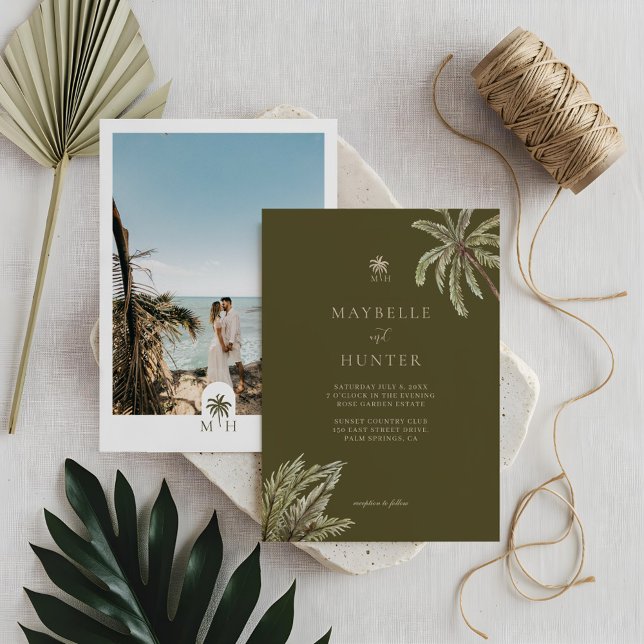 Invitación Palm Trees acuarelas tropicales Foto Boda Boho (Tropical Watercolor Palm Trees Boho Wedding Photo Invitation)