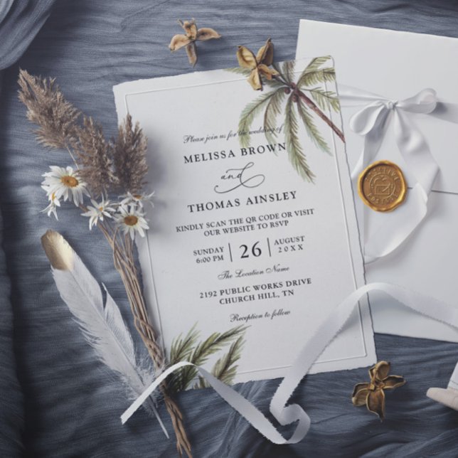 Invitación Palm Trees Boho Tropical Budget QR Code Wedding (Subido por el creador)