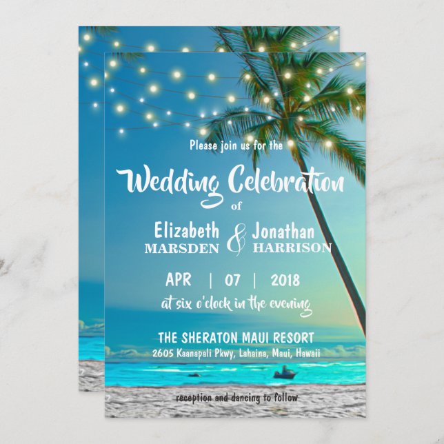 Invitación Palm Trees de playa tropical Encender cadenas de c (Anverso / Reverso)