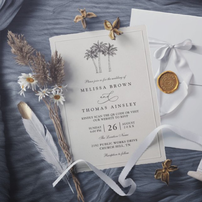 Invitación Palm Trees Minimalist Destination QR Code Wedding (Subido por el creador)