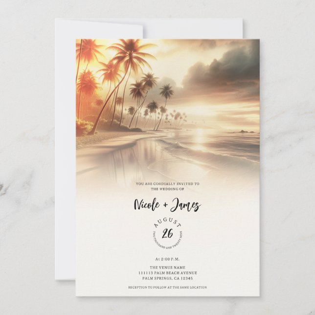 Invitación Palm Trees & Naranja Sunset Beach Wedding (Anverso)