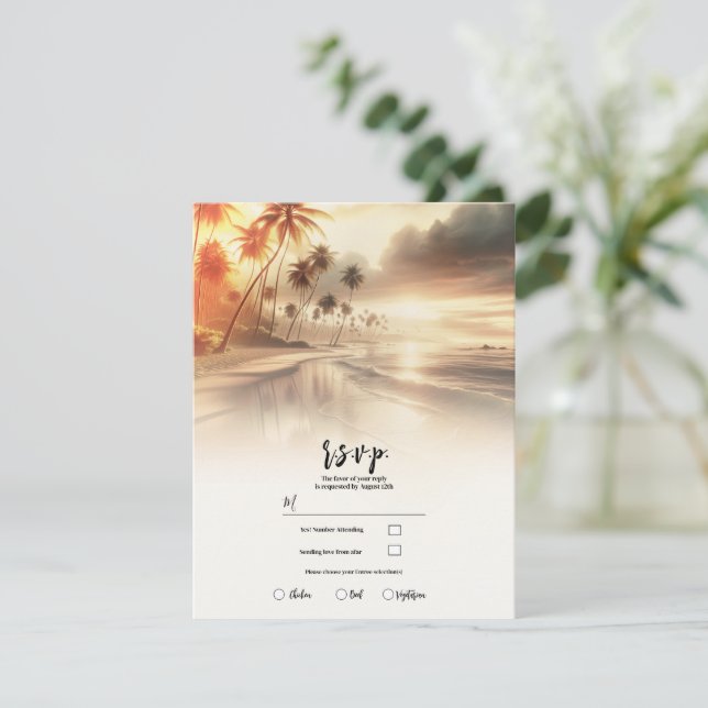 Invitación Palm Trees & Naranja Sunset Beach Wedding RSVP (Anverso de pie)