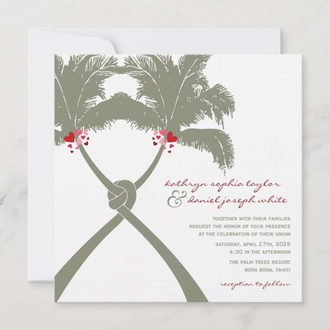 Invitación Palm Trees Rojo Amor Tropical Boda de Playa (Anverso)