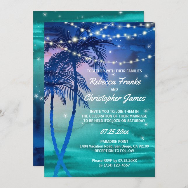 Invitación Palm Trees Strings of Lights Wedting (Anverso / Reverso)