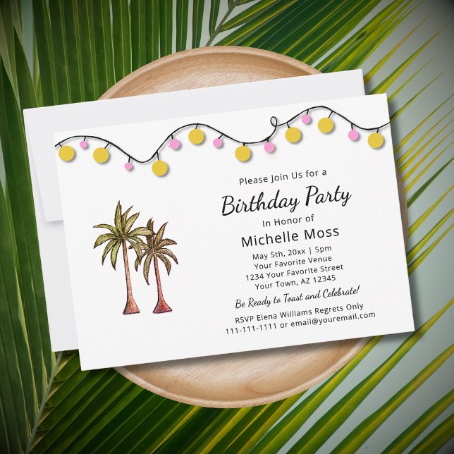 Invitación Palm Trees Tropical Beach String Lights Birday (Subido por el creador)