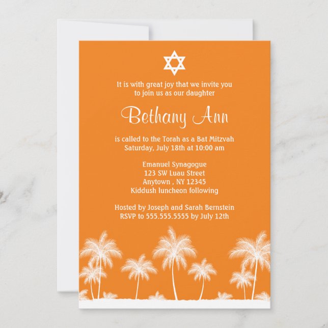 Invitación Palm Trees Tropicales Naranja Bat Mitzvah Invitaci (Anverso)