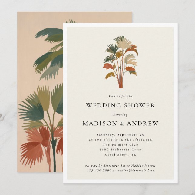 Invitación Palm Trees Tropicales Pastel Boho Wedding Ducha (Anverso / Reverso)